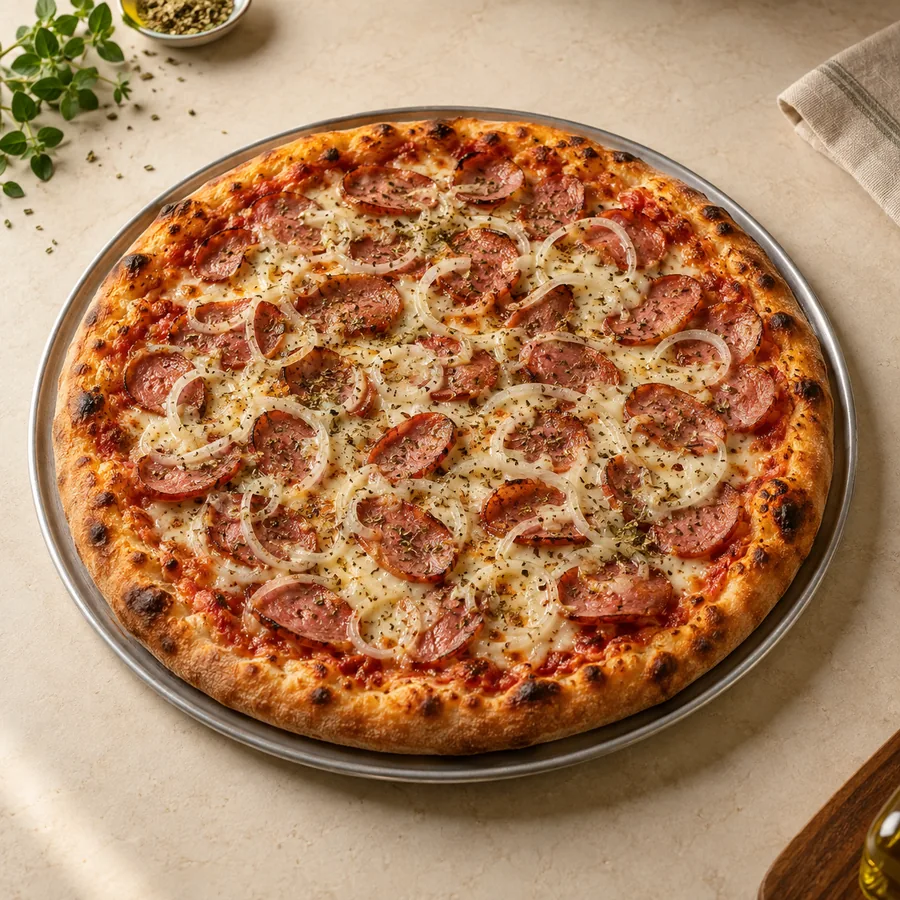 Pizza de calabresa com mussarela e cebola